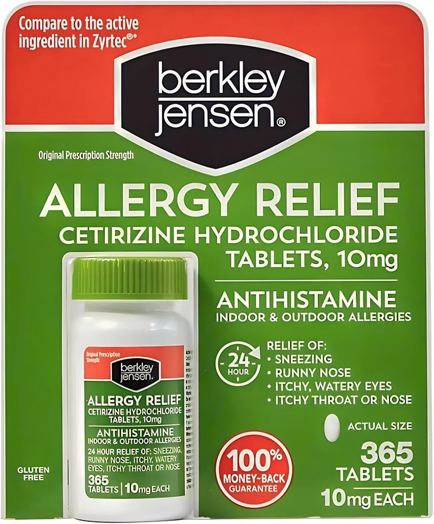 berkley jensen 24 時間アレルギー救済 (365 カウント), 10 mg Cetirizine 塩酸塩 Antihistamine - 屋内および屋外のアレルギーのための高速アレルギー薬, 簡単なスワロー錠, Zyrtec と比較して