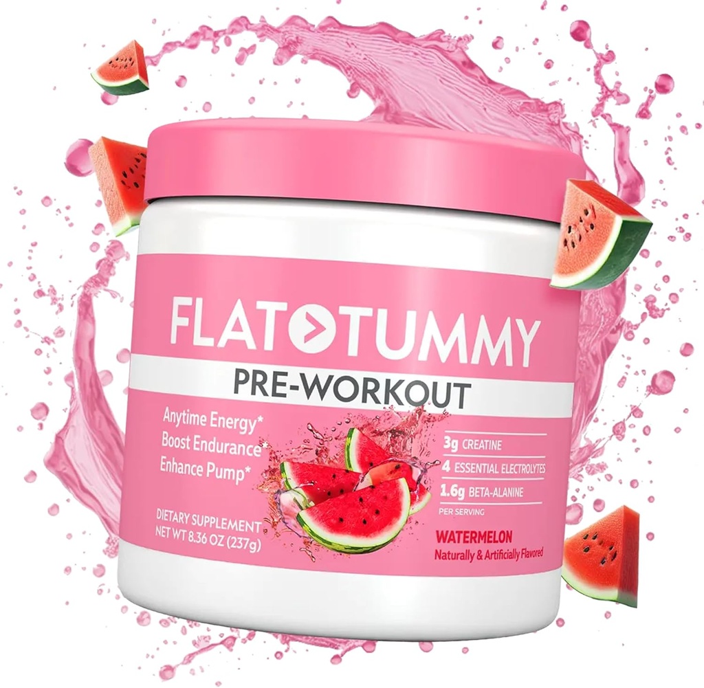 Flat Tummy Pre Workout Powder for Women – Energy, Endurance, and Muscle Support with 3g Creatine, 1.6g Beta-Alanine, Electrolytes – Watermelon Flavor – 30 Servings