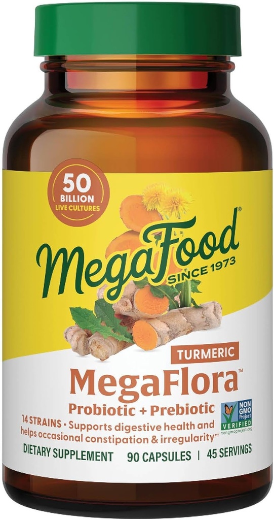 MegaFood MegaFlora Probiotics + プレバイオティクスのターメリックサプリメント - 女性と男性のためのプレバイオティクスとプロバイオティクス、消化の健康、50億CFU、14の緊張 - 90カプセル(45の摂食)