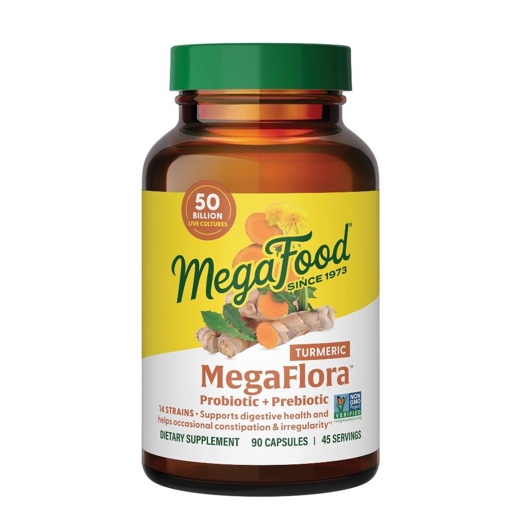 MegaFood MegaFlora Probiotics + プレバイオティクスのターメリックサプリメント - 女性と男性のためのプレバイオティクスとプロバイオティクス、消化の健康、50億CFU、14の緊張 - 90カプセル(45の摂食)