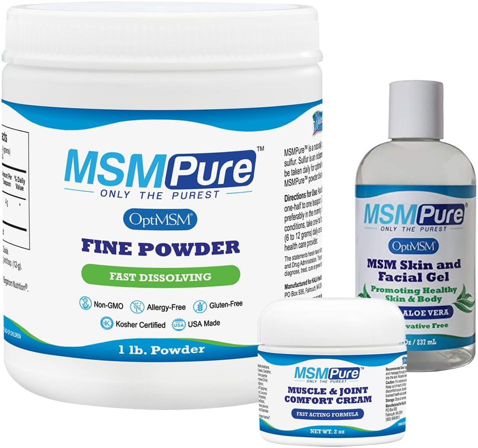 MSMファインパウダー1lb、MSMマッスル&ジョイントクリーム2oz、MSMゲルと有機アロエ8oz