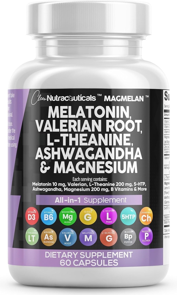 きれいなNutraceuticalsのMelatonin 10mgのValerian Root Lテアニン200mgのアシュワガンダ-マグネシウムの複合体、レモン バルム、カモミールおよび情熱の花が付いている女性及び人のための睡眠サポート- 60の帽子
