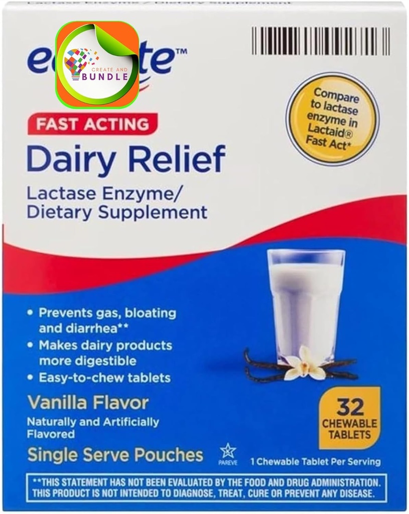 Equate Fast Acting Dairy Relief Lactase Enzyme Dietary Supplement Vanilla Flavor chewables Tablets 32 Count (Pack of 1) + CreativeAndBundle Sticker