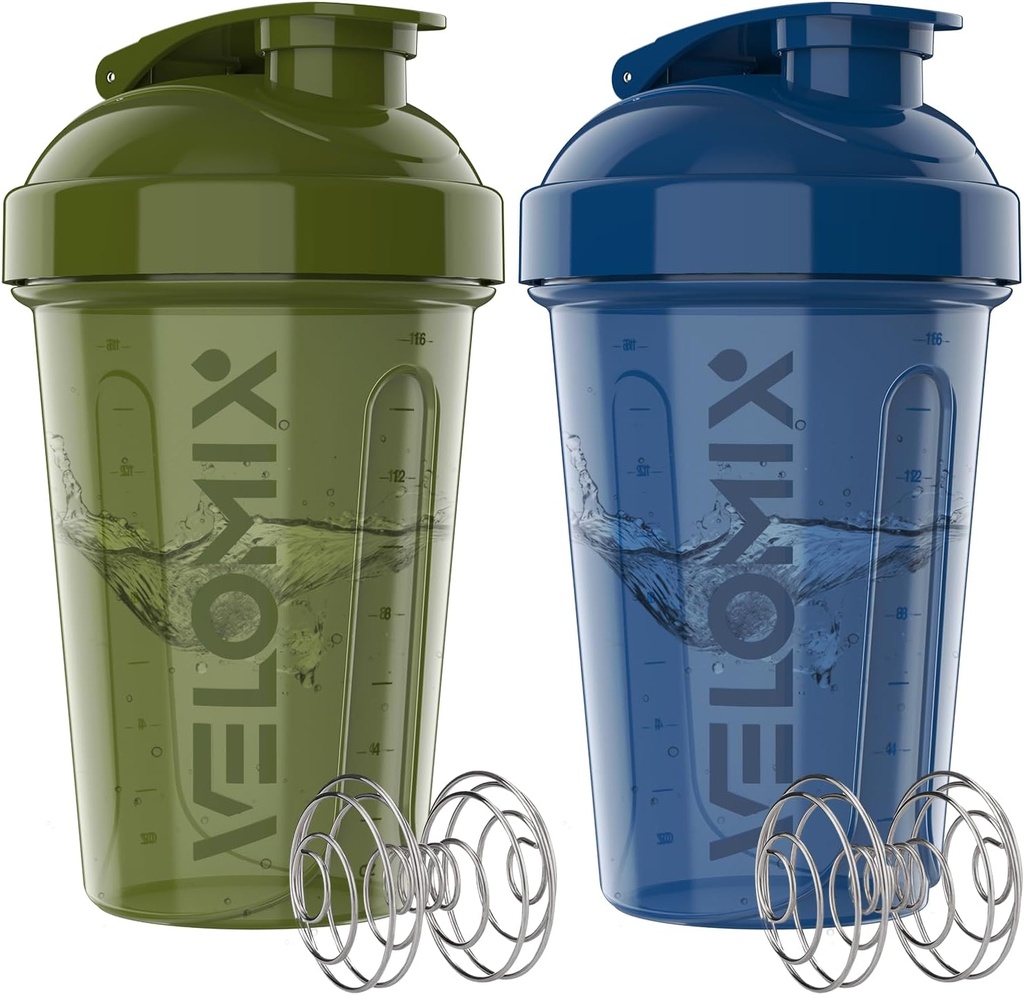 VELOMIX -2 パック- 20 oz プロテインミキサー用プロテインシェーカーボトル - 2x ワイヤーウィスク | リーク プロテインシェークとプレワークアウトのためのプルーフシェーカーカップ | タンパク質シェーカーボトルパック(グリーン/ブルー)