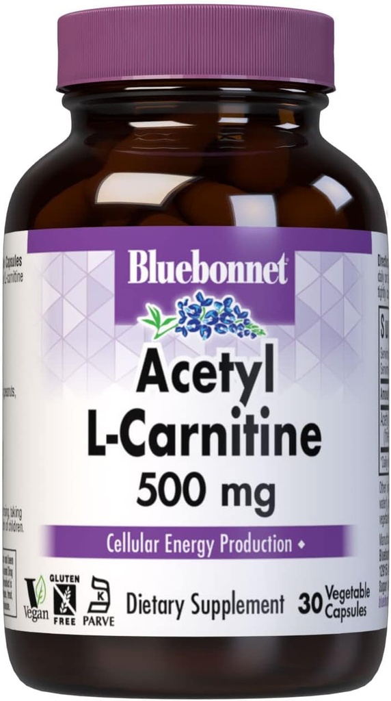 Bluebonnet栄養アセチルL-カルニチン、輸送脂肪酸、ボオス細胞エネルギー、大豆&グルテンフリー、コーシャ認定、ビーガン、30野菜カプセル、白、500mg