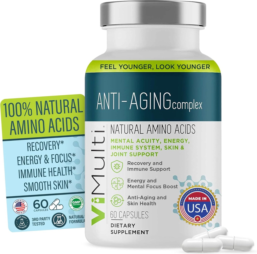 Anti-Aging Natural Amino Acids Supplement for Women & Men – Supports Immune Health, Energy, Smoother Skin Tone, & Restorative Sleep, Anti-Aging Supplement Pills for Longevity, 60 Capsules