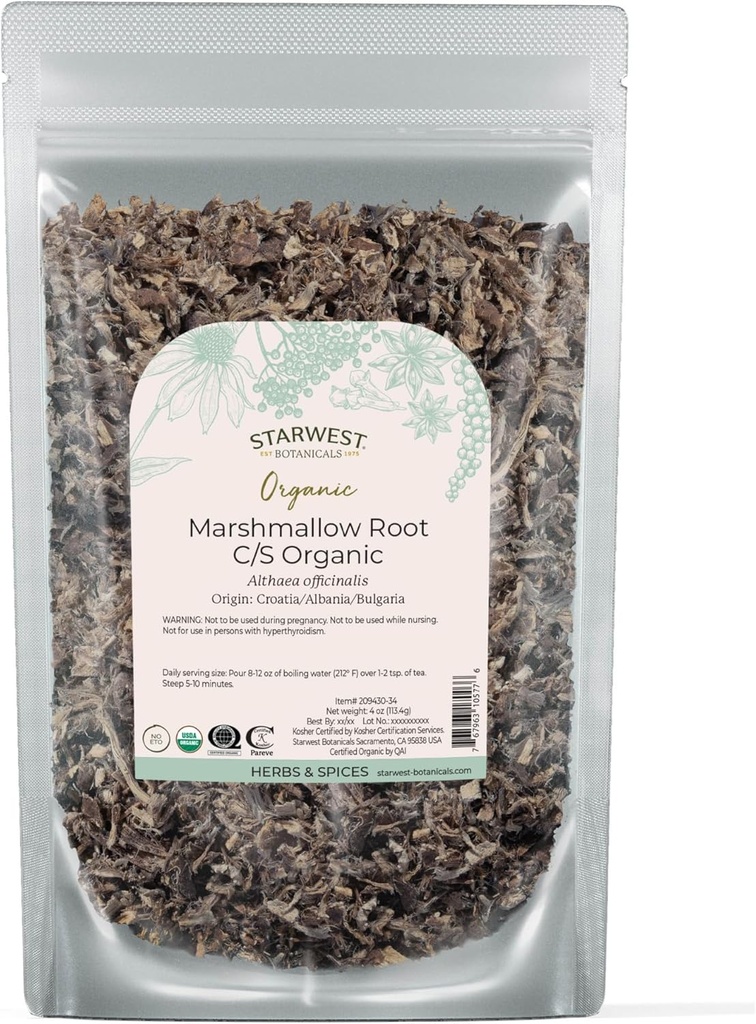 Starwest Botanicals Organic Marshmallow Root - 乾燥ハーブティー、ルーズリーフルートハーブ、カット&シフト、認定コーシャ、非GMO - 4オンスポーチ