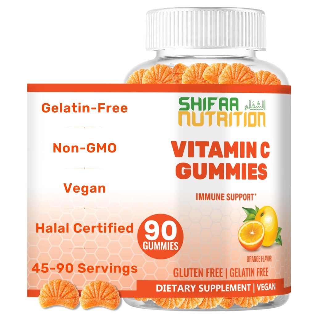 SHIFAA栄養ビーガンビタミンCグミ | 90グミ、250mg 45 サービング | 非GMO | グルテンフリー、ゼラチンフリー | 免疫サポート グミ&キッズ&大人向けハラールビタミン