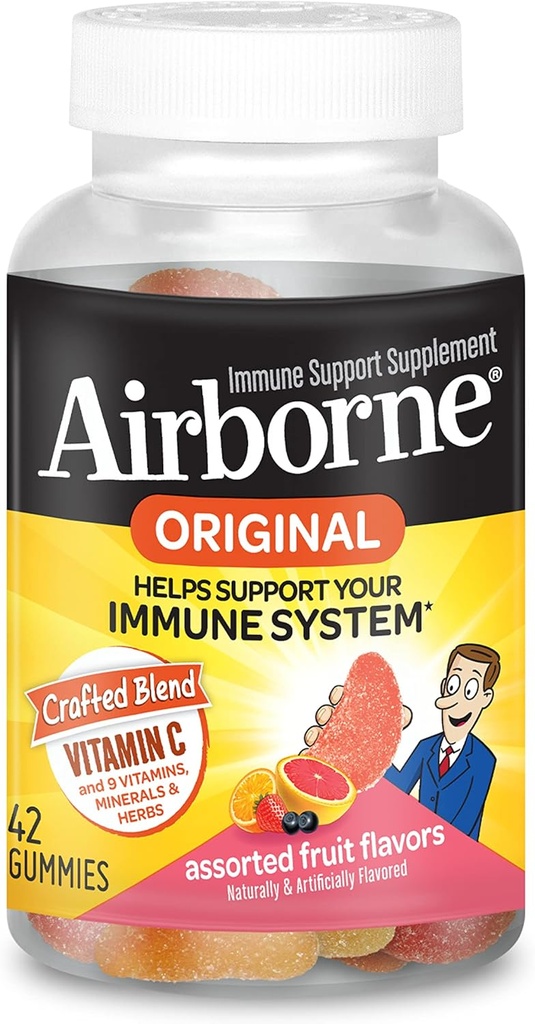 AirborneのビタミンC 750mg (サービングごとの)分類されたフルーツによって風味付けされるガミー(びんの42の計算)、ビタミンA C E、Selenium、Echinacea及びジンジャーが付いているグルテンフリーの免疫サポート補足