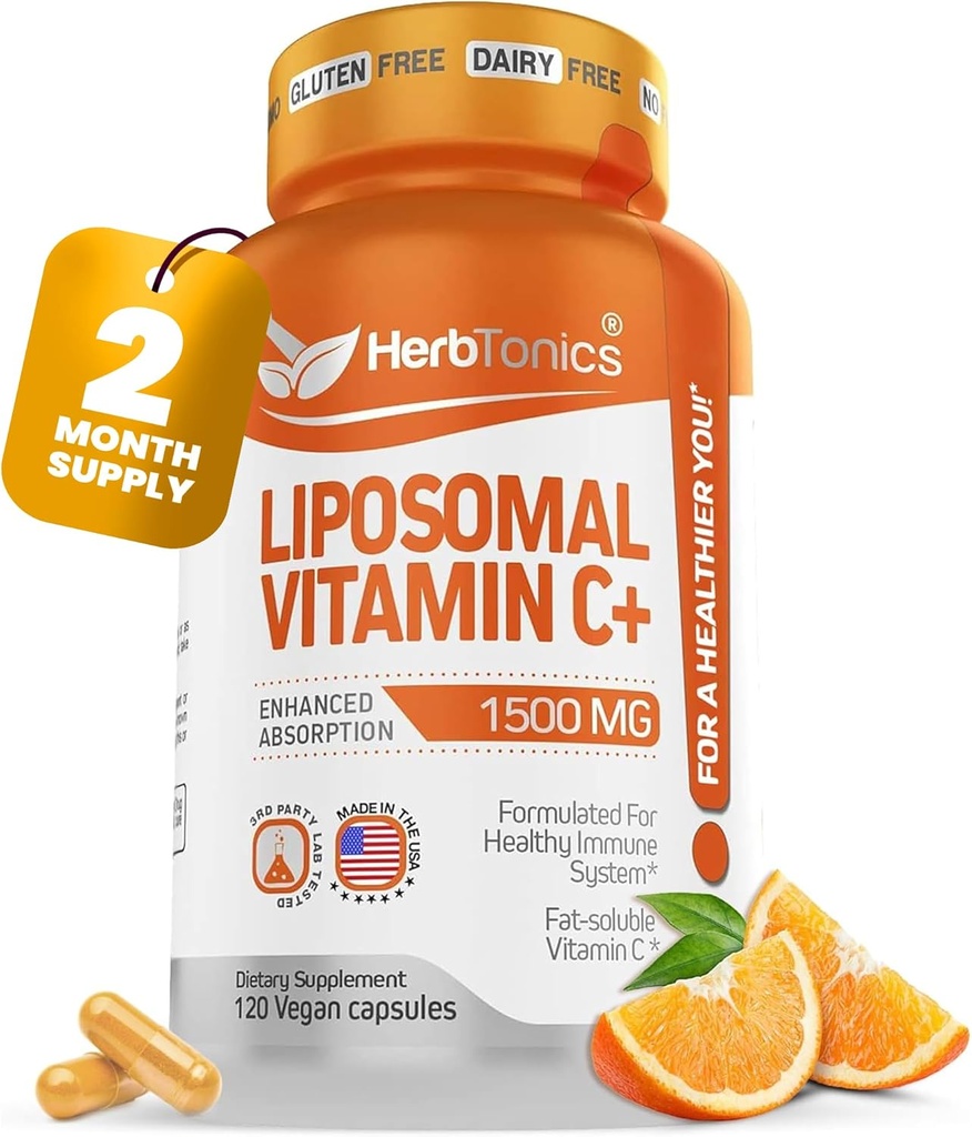 Liposomal Vitamin C Capsules 1500mg Immune Support Supplement | Immune System Health | High Absorption Vitamin C | Contains Collagen | 120 Vegan Capsules Non-GMO