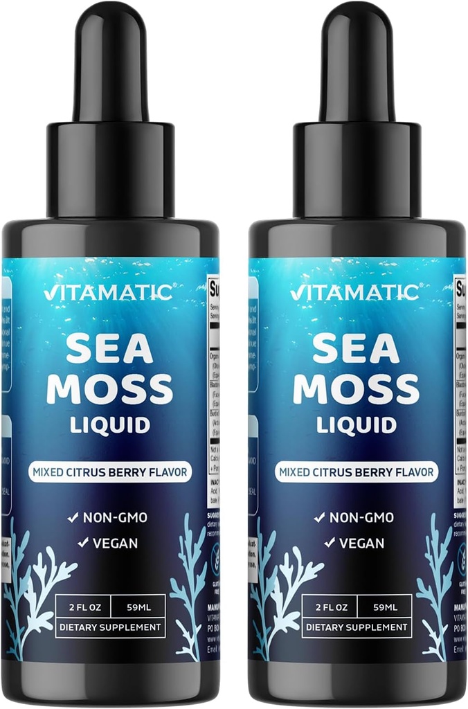 Vitamatic 2 Packs Liquid Organic Irish Sea Moss - Made with Bladderwrack & Burdock Root - 2800 mg per Serving - 2 FL OZ - Seamoss Total 4 oz