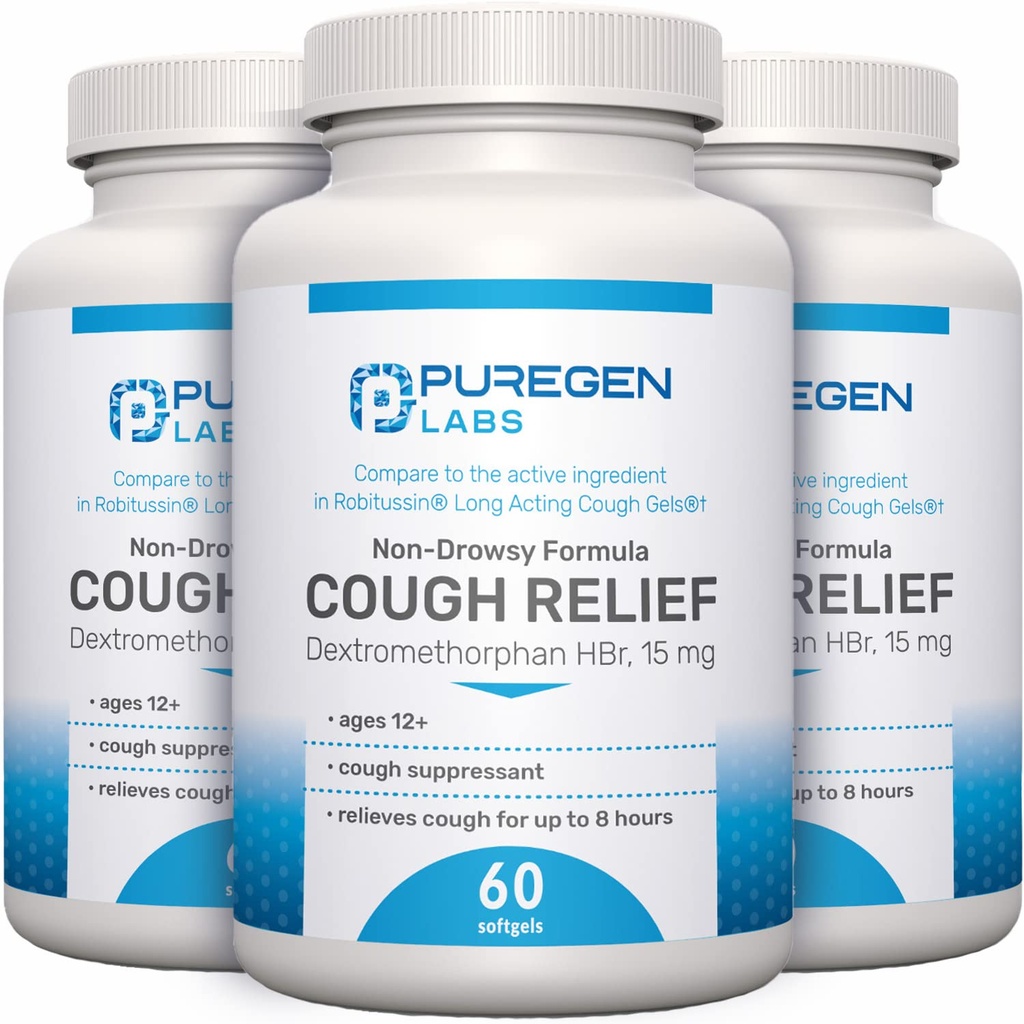 Pピュアゲンラボは大人用デキストトロメトルファンHBr 15mg | 8-Hour、非眠気、長持ちする気管支抑制剤 | 年齢12+ | ロバフェンとロビトスジンと比較して - 3パック | 合計 180 Softgels