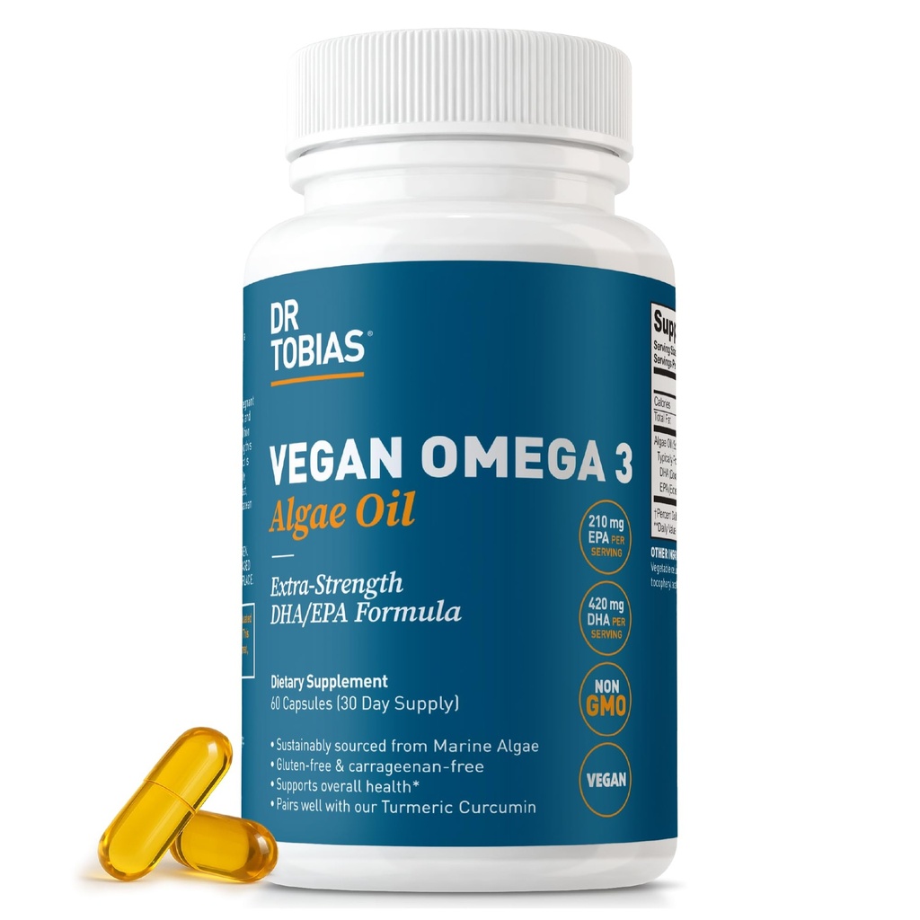 Dr. Tobias ビーガンオメガ 3 サプリメント, 1400 mg Algae オイル, 420 mg DHA, 210 mg EPA/サービングあたり, 非GMO, グルテンフリー, カラギーナンフリー, 60 カプセル, 30 サービング