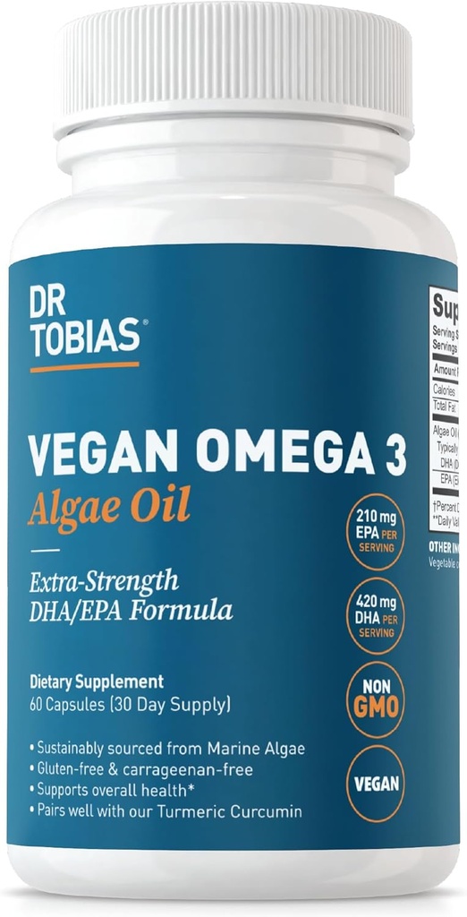 Dr. Tobias ビーガンオメガ 3 サプリメント, 1400 mg Algae オイル, 420 mg DHA, 210 mg EPA/サービングあたり, 非GMO, グルテンフリー, カラギーナンフリー, 60 カプセル, 30 サービング