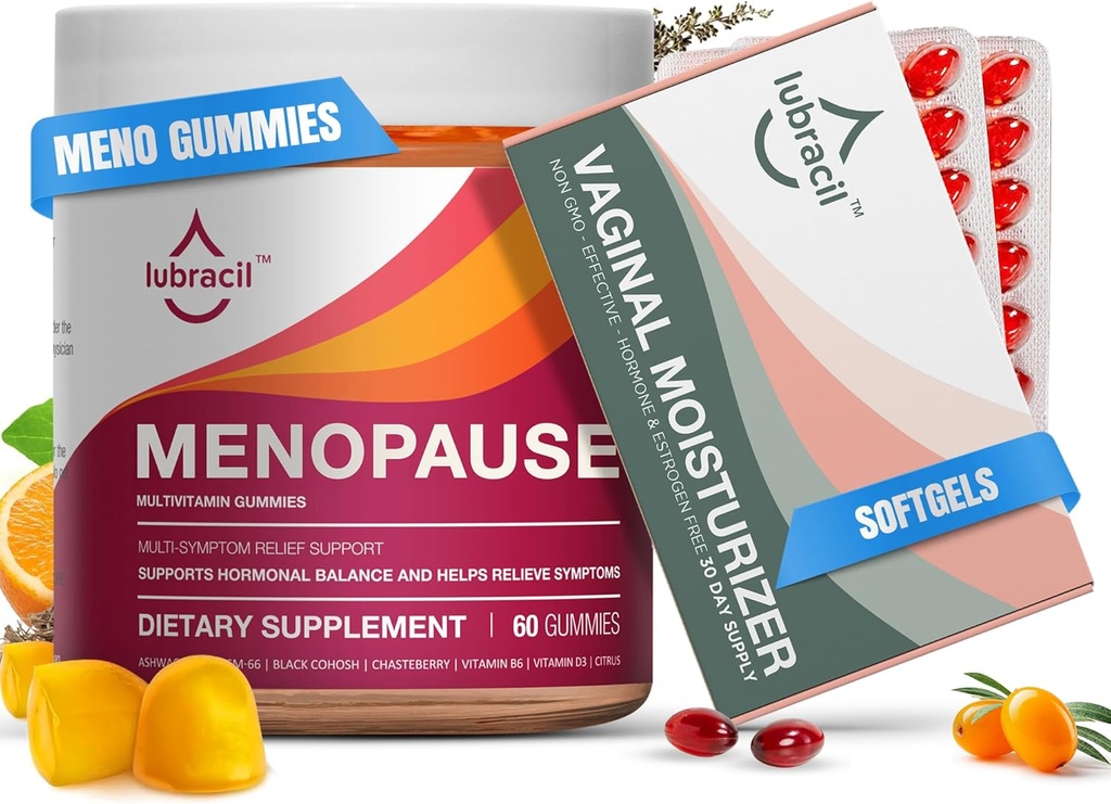 Lubracil Menopause Gummies & Daily Moisturizer Bundle – ホットフラッシュ、ナイトスウェット、腟の乾燥、およびブラックコホッシュ、アッシュワガンダ、オメガオイル&シーバックソーンとイチネスのためのホルモンフリーサポート