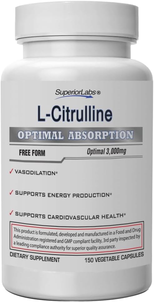 優秀な実験室L-Citrulline 3000のmg、非GMOの高周波自由形態のアミノ酸、硝子酸化物及びVasodilationのブースター、プレワークアウトの筋肉ポンプ、持久力、心臓血管サポート、150のベジーの帽子