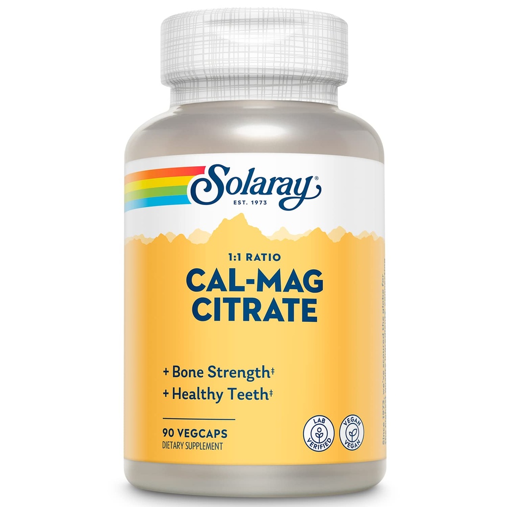 Solarayのカルシウム マグネシウムのクエン酸塩1000mg 1:1の比率、骨の強さの補足、筋肉、神経系および骨の健康サポート、高い吸収のためにChelated、穏やかな消化器、15のサービング、90 VegCaps