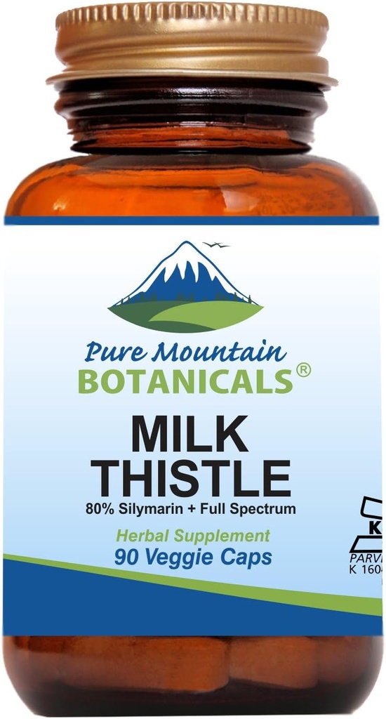Pure Mountain Botanicals Milk Thistle Capsules - 90 Kosher Vegan Caps with Organic Milk Thistles and Potent Silymarin Extract
