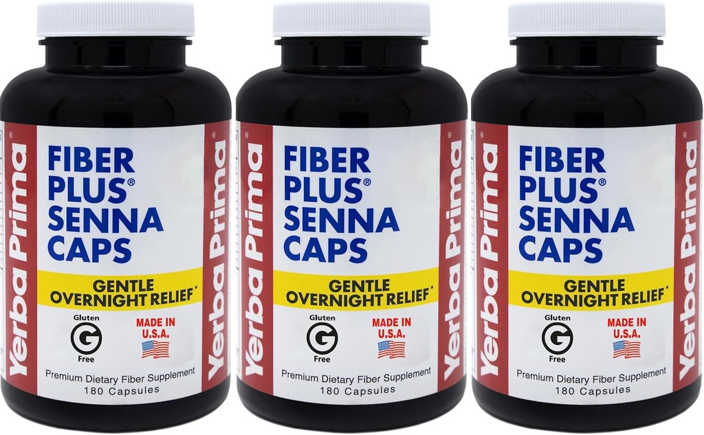 Yerba Prima Fiber Plus Sennaカプセル、180カウント(パッケージ3) - 118は、Gentle Overnight救済、USA Made、Non-GMO、短期使用のためにレギュレーションを復元