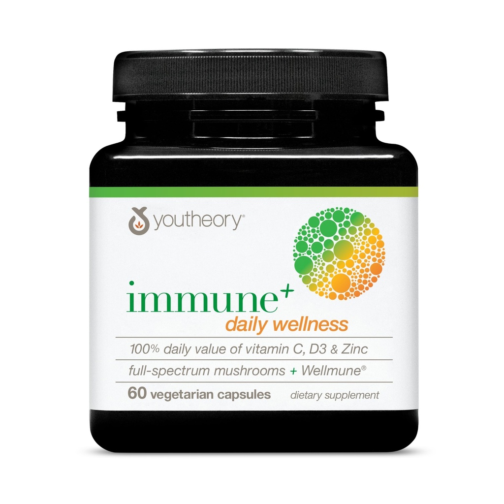 Youtheory Immune+の毎日の健康 - ビタミンC、ビタミンD3及び亜鉛* - トルコの尾、Cordyceps及びReishi - 60のベジタリアンの帽子が付いているベジタリアンの免疫サポート補足
