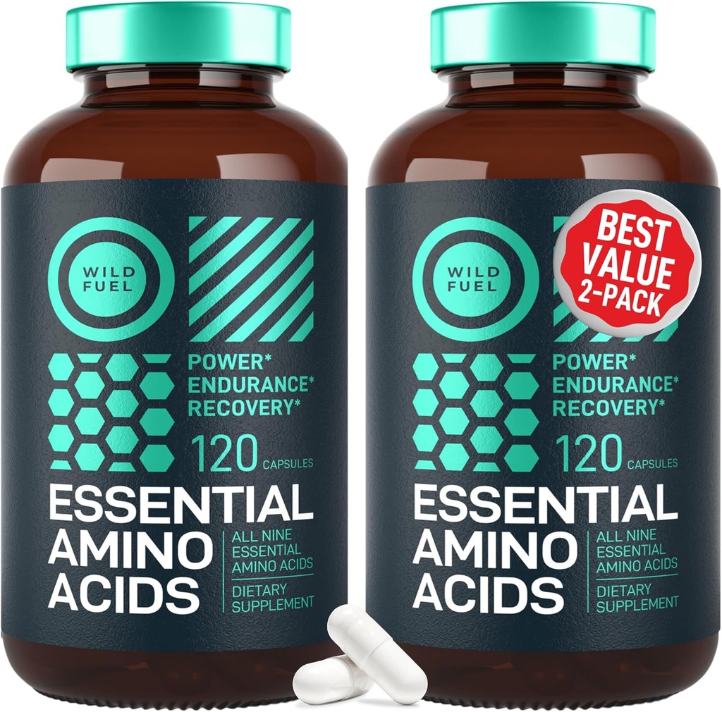 女性と男性のためのワイルドフューエルエッセンシャルアミノ酸サプリメント - パワーと回復のためのすべての9 BCAA アミノ酸コンプレックス - EAAリジン、トリプトファン、イソロイシン - 2 パック 240 ビーガンBCAAカプセル