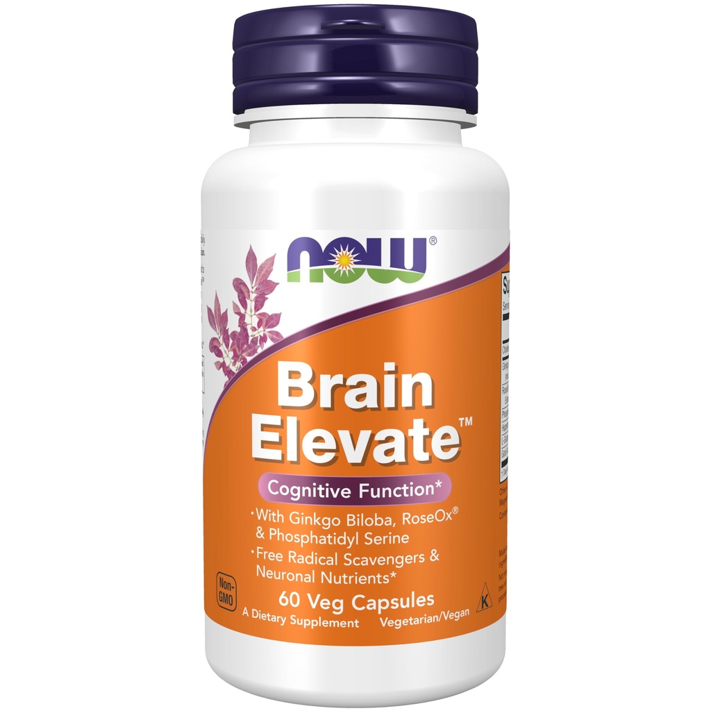 NOW Foodsは、Ginkgo Biloba、RoseOx®、Phosphatidyl Serine、60 Vegのカプセルを特徴とするBrain ElevateTMを補います