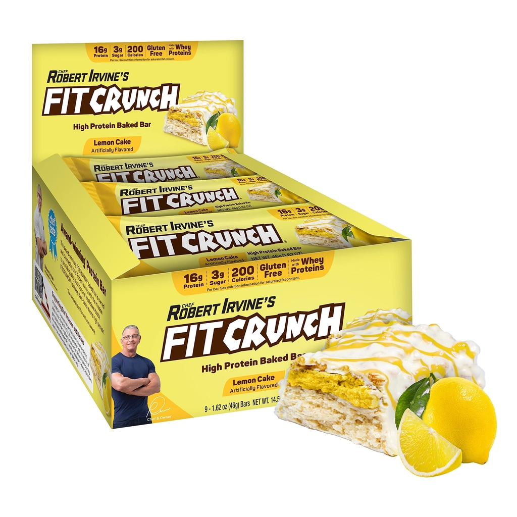 FITCRUNCHスナックサイズのプロテインバー、6層焼きバー、砂糖&ソフトケーキコア3g(9バー、レモンケーキ)
