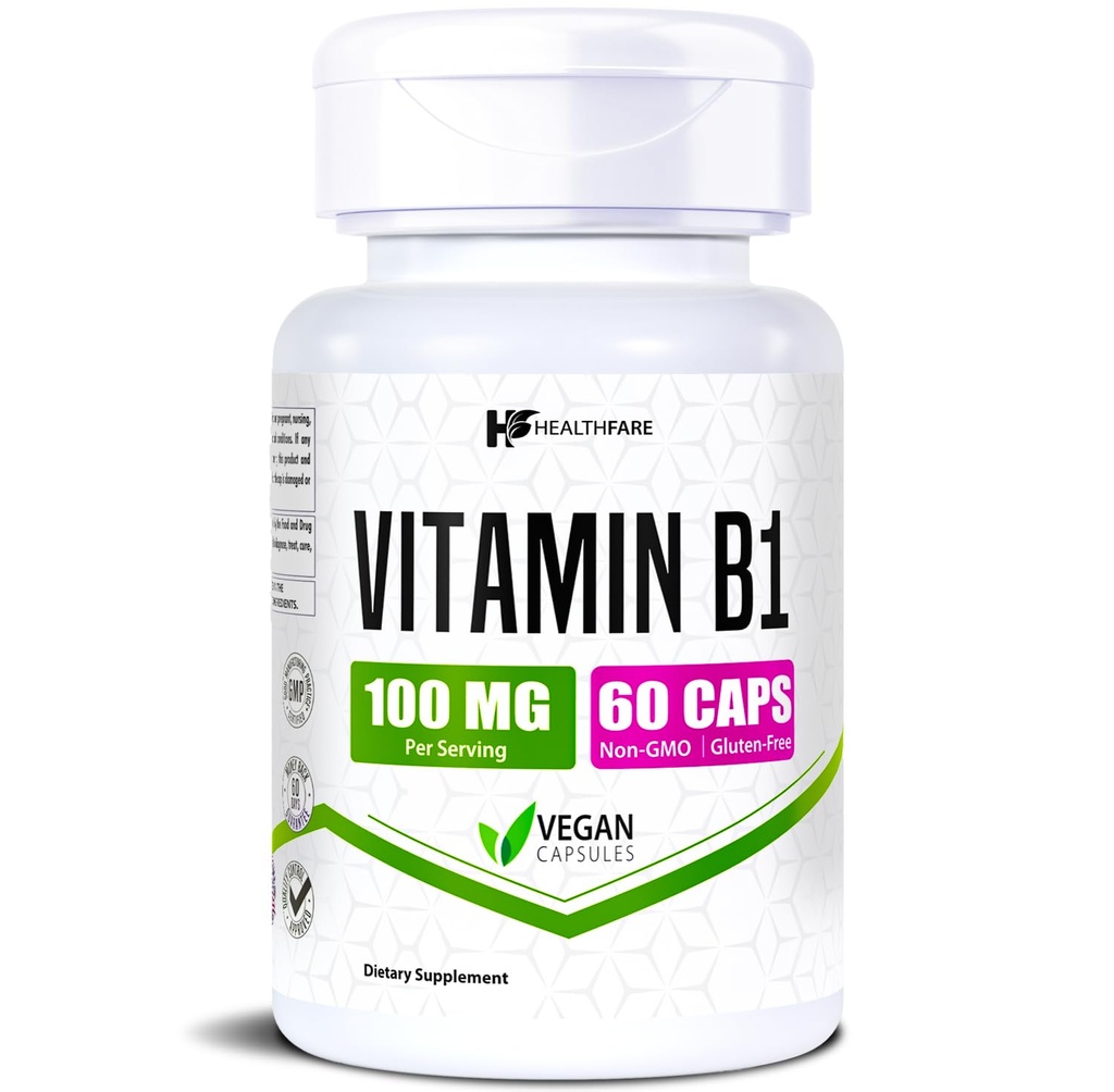 健康増殖ビタミンB1 100mg | 60カプセル | チアミンサプリメント | サポート 全身健康 | 非GMO | グルテンフリー(60カプセル)