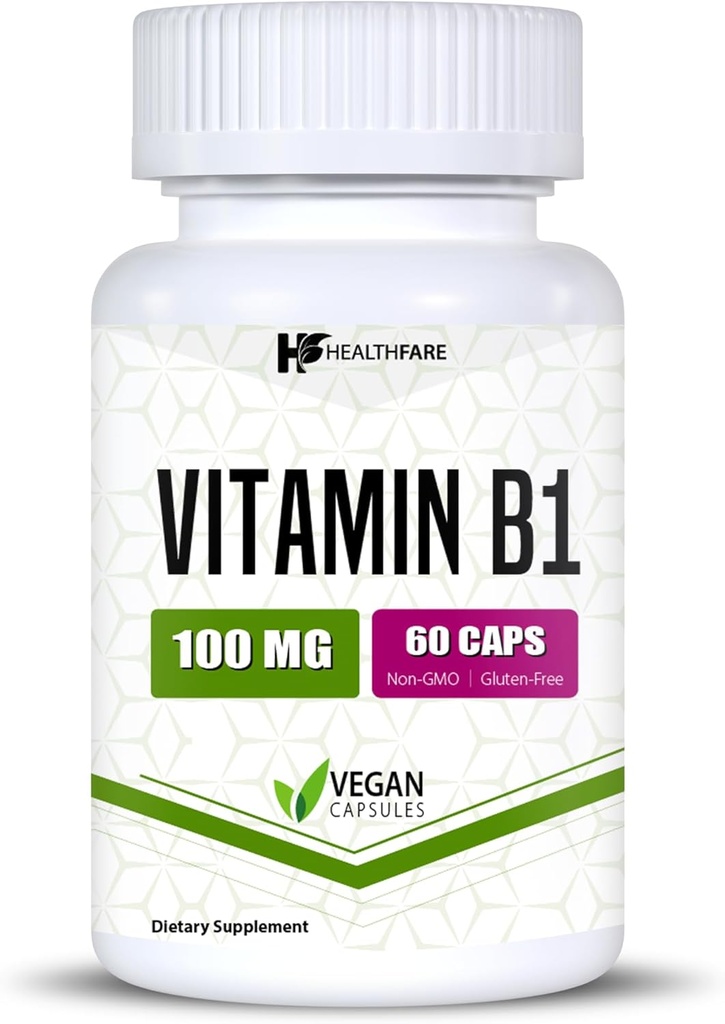 Healthfare Vitamin B1 100mg | 60 Capsules | Thiamine Supplement | Supports Overall Health | Non-GMO | Gluten Free (60 Capsules)