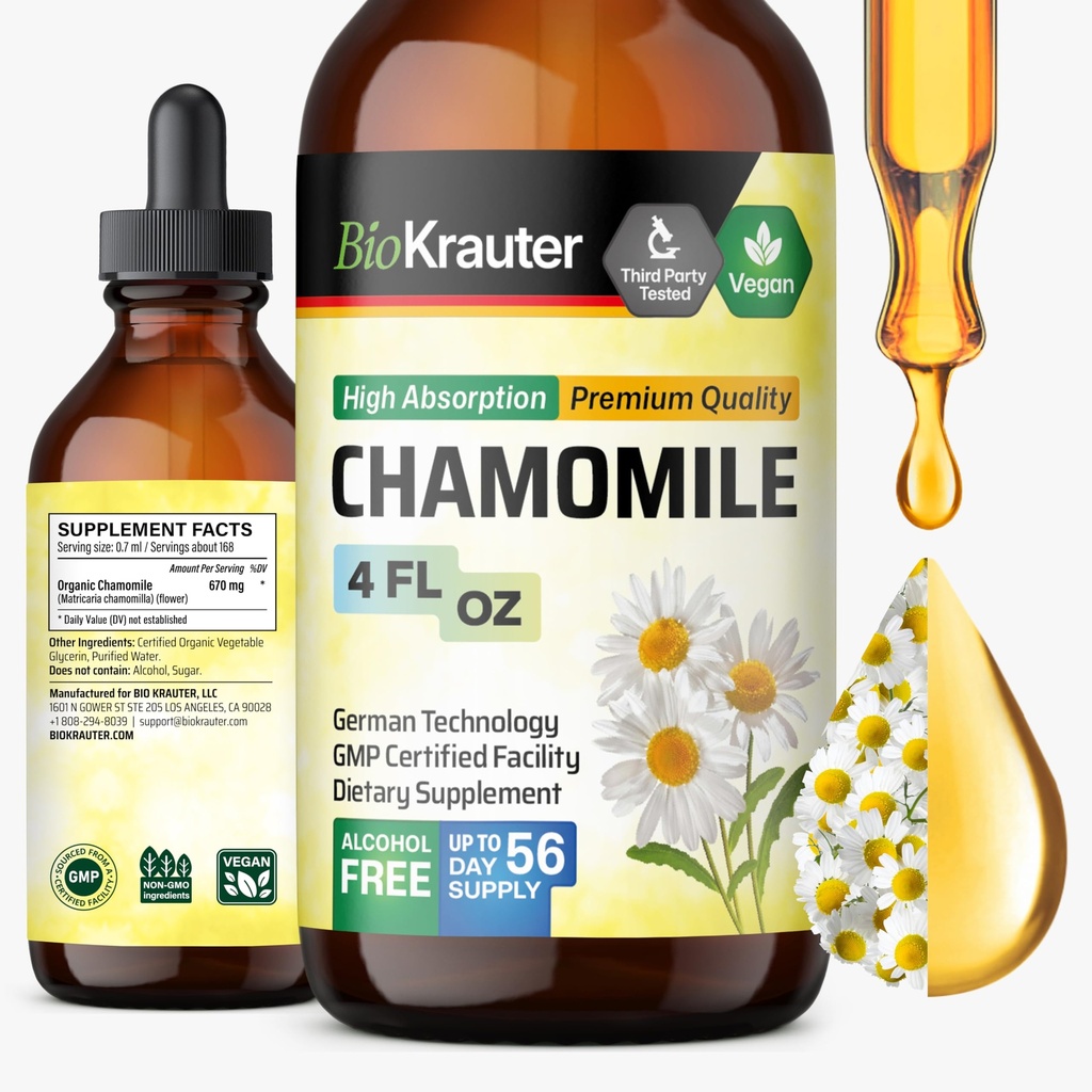 BIO KRAUTER Chamomile Tincture - Chamomile Extract - リラックスとカロリーのサポートのためのサプリメント - アルコールと砂糖無料 - ビーガンドロップス4 Fl.Oz.