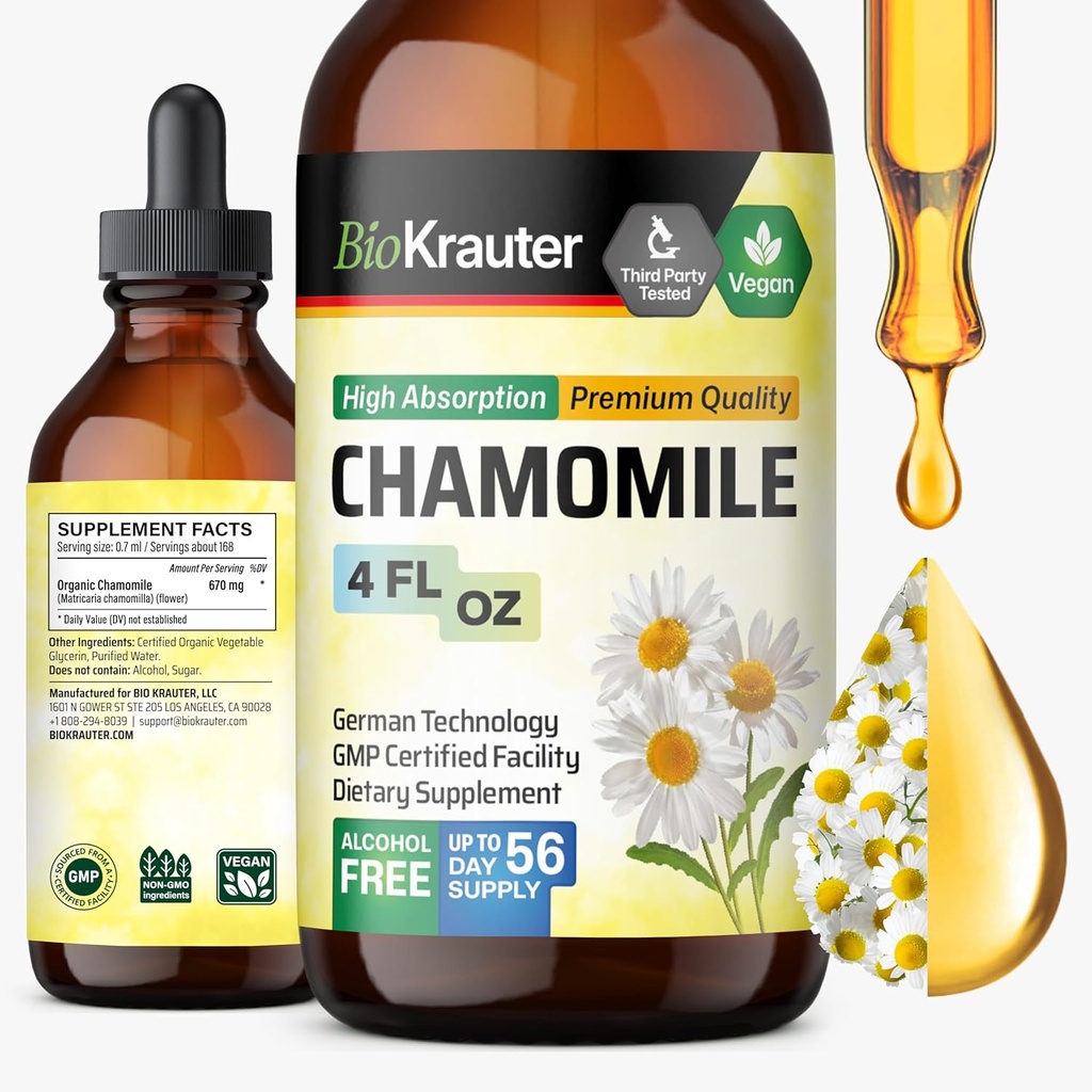 BIO KRAUTER Chamomile Tincture - Chamomile Extract - リラックスとカロリーのサポートのためのサプリメント - アルコールと砂糖無料 - ビーガンドロップス4 Fl.Oz.