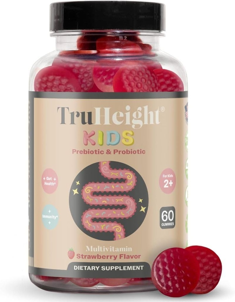 TruHeightキッズプレバイオティック&プロバイオティックグミーエイジ2 +(イチゴフレーバー)トドル&キッズオールナチュラルグットヘルス、消化酵素&便秘救済サプリメント - 小児推奨ビタミン