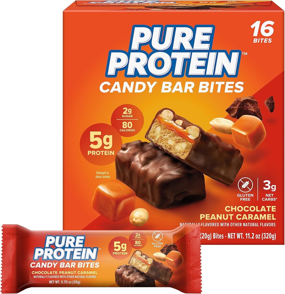 Pure Protein Candy Bar Bites, Chocolate Peanut Caramel, 5g Protein, Gluten Free, Low Sugar, 0.70 oz, 16 Pack (Packaging May Vary)