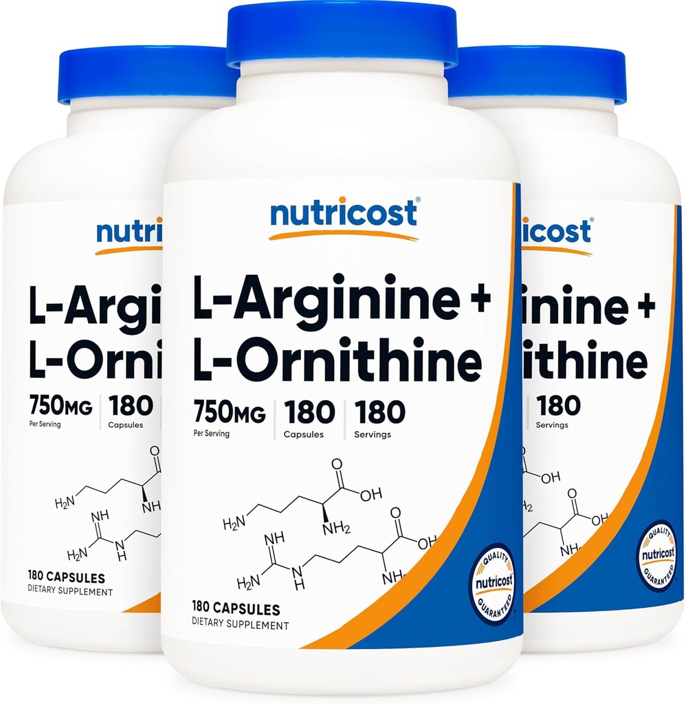 Nutricost L-Arginine L-Ornithine 750mg; 180カプセル(3本のびん)