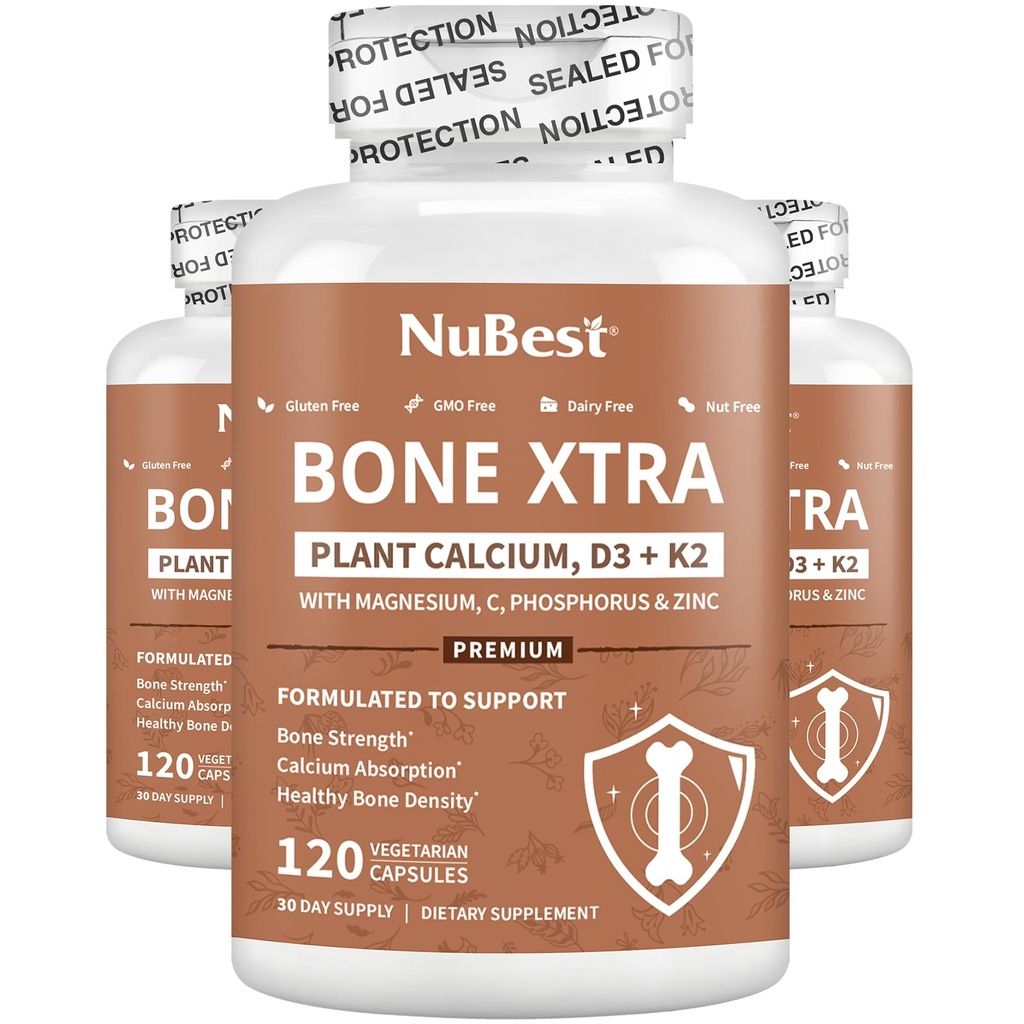 Bone Xtra - 強力な骨のためのビーガン骨強度フォーミュラ, 海洋藻から植物ベースのカルシウム, ビタミンD3, ビタミンK2, マグネシウム, フォラス&ティーンのためのより多くの, 大人 - 3 ヶ月の供給 | 3 パック