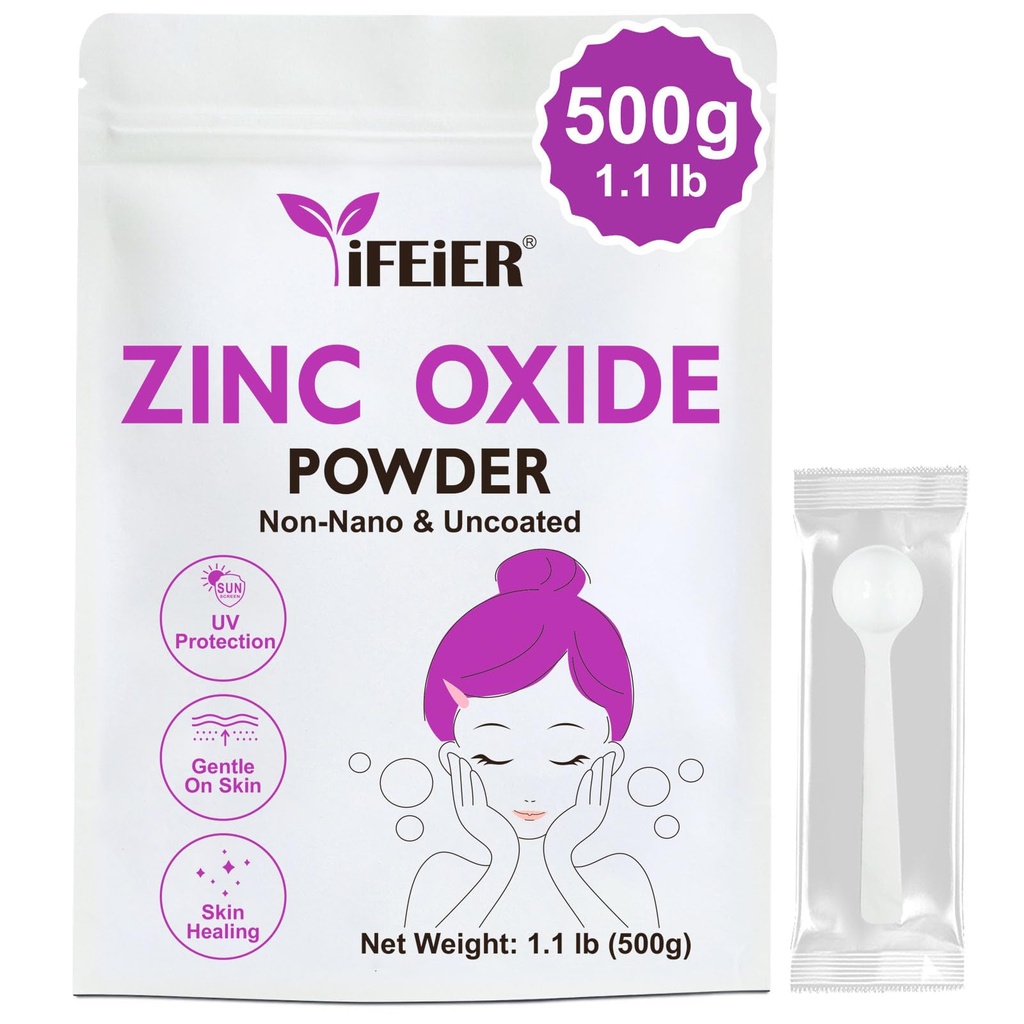 iFEiER亜鉛酸化物パウダー | 500g(1.1 lb) 100% 純粋な非ナノ 皮膚保護のための酸化亜鉛粉 | DIY Sunscreen、ローション、消臭剤、スキンケアに最適な化粧品グレード