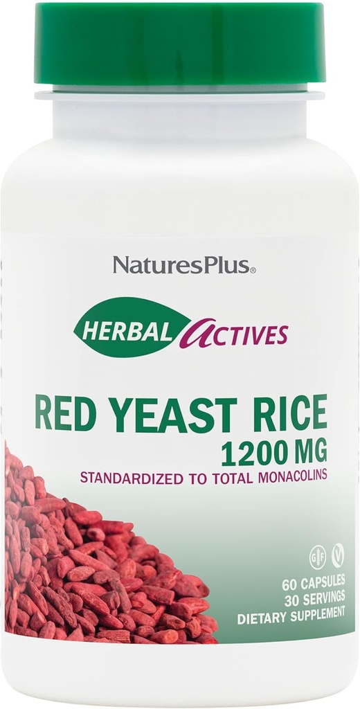 NaturesPlus Herbal Actives Red Yeast Rice 1200 mg - 60 Capsules - Non-GMO, Vegan, Gluten Free - 30 Servings