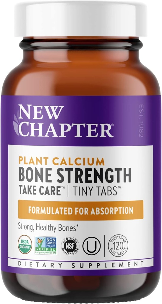 New Chapter Calcium Supplement - Bone Strength Tiny Tabs Organic Calcium with Magnesium, Vitamin D3+K2, 70+ Trace Minerals for Bone Health, Gluten Free, Easy to Swallow - 120 ct
