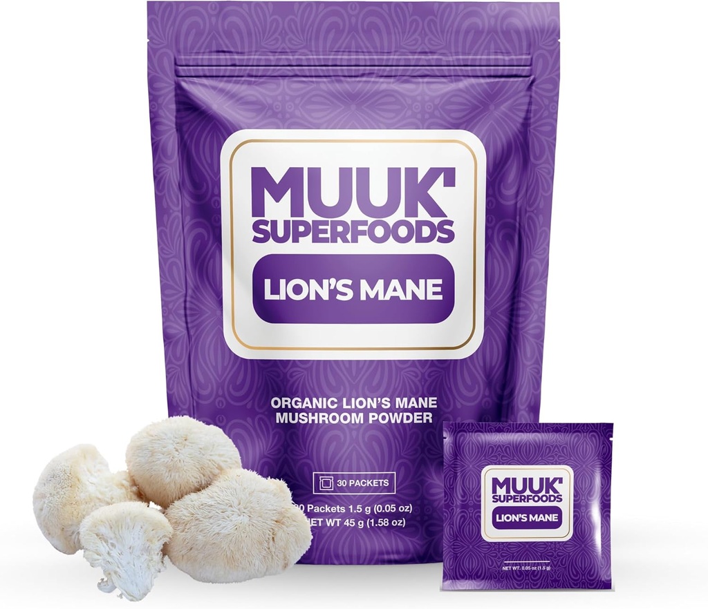 MUUK' SUPERFOODS | 有機ライオンのマネのマッシュルームパウダー | ブラインボーティング ON-THE-GO パケット | アメリカ製 | 30 磨き粉(1.5g)