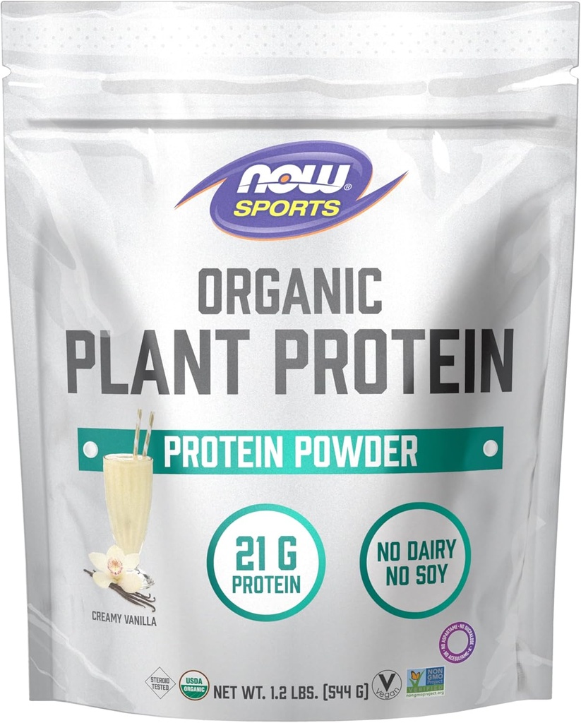 NOW Sports Organic Plant Protein, Vanilla Flavor, Vegan Powder, 1 lb.