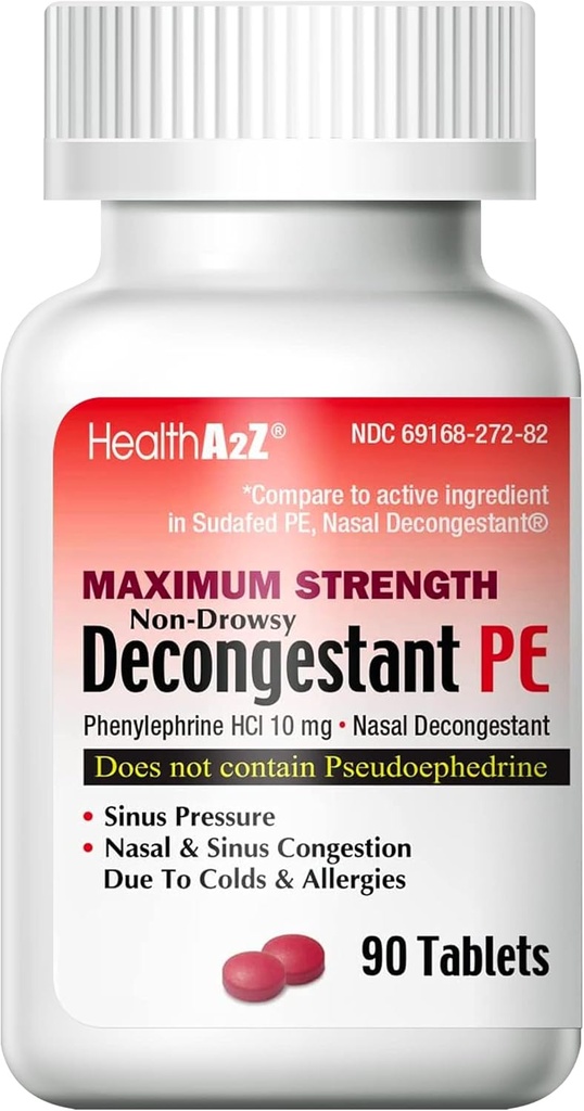 HealthA2Z® デカンストラント PE | フェニレフリン HCl 10 mg | 最大強度 | 非眠気ナサル & 風邪&アレルギーによる注射救済 (90 カウント)