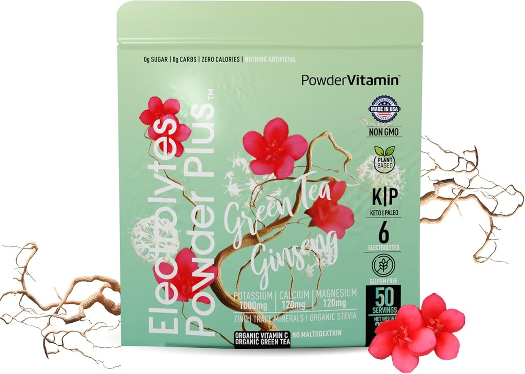 PowderVitamin の電解物の粉のプラス(50 のサービング)の緑茶 Ginseng の電解物の粉の Keto、砂糖は、ピンクのヒマラヤンの塩、1000mg のカリウム、120mg カルシウム、120mg マグネシウム、水和の粉放します