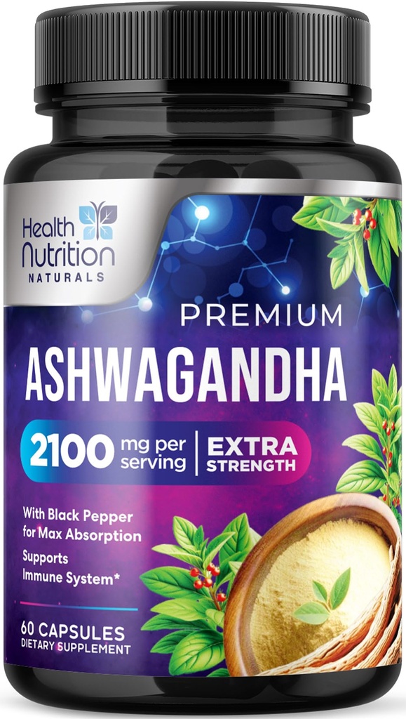 Ashwagandhaの補足-女性及び人のための2100mg Ashwagandhaのカプセル、自然な酸化防止サポート、Ashwaの根のエキス、黒いペッパー、ビーガン及びグルテンフリーの余分強さのカルム サポート- 60のカプセル