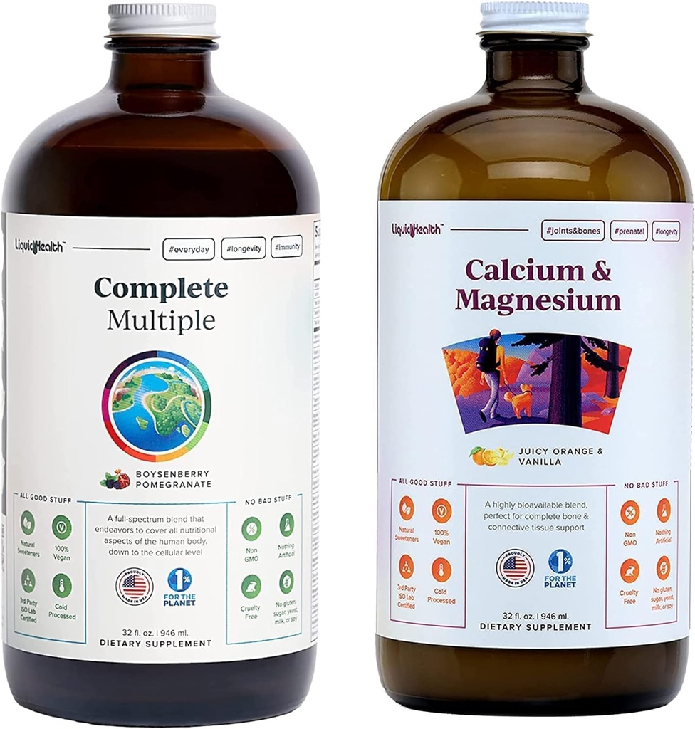 LIQUIDHEALTHの完全な複数のマルチビタミン及びカルシウムおよびマグネシウムの液体のビタミンは大人のために束ねます - 全身の健康、免疫システム、骨及び接合箇所サポート - 全食糧、ビーガン、非GMO、米国は作りました