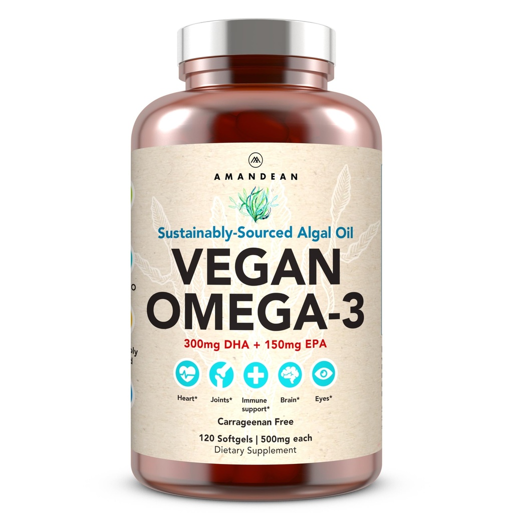 AMANDEANビーガンオメガ3サプリメント。 プレミアム魚油代替。 Algae DHAとEPA。 カラギーナン無料Softgels. アルガルエッセンシャル脂肪酸。 植物によって基づく中心、頭脳、目、皮、免疫サポート。 (120ct)