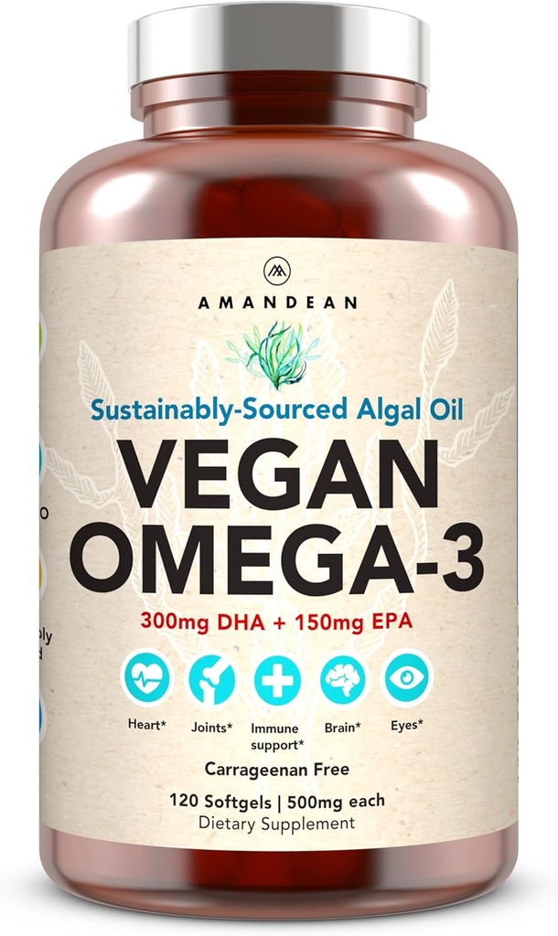 AMANDEANビーガンオメガ3サプリメント。 プレミアム魚油代替。 Algae DHAとEPA。 カラギーナン無料Softgels. アルガルエッセンシャル脂肪酸。 植物によって基づく中心、頭脳、目、皮、免疫サポート。 (120ct)