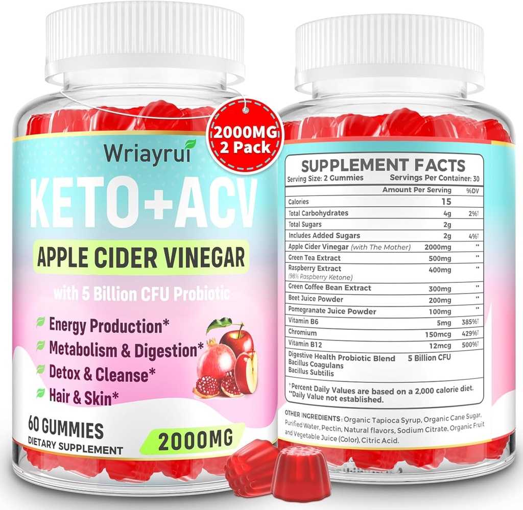 Keto ACVは、プロバイオティクスとビタミンB12、2000mgアップルサイダーバインガーグミーと母親、代謝、消化不良、デトックス&クレンジング、砂糖フリー、ビーガンフレンドリー、120グミ