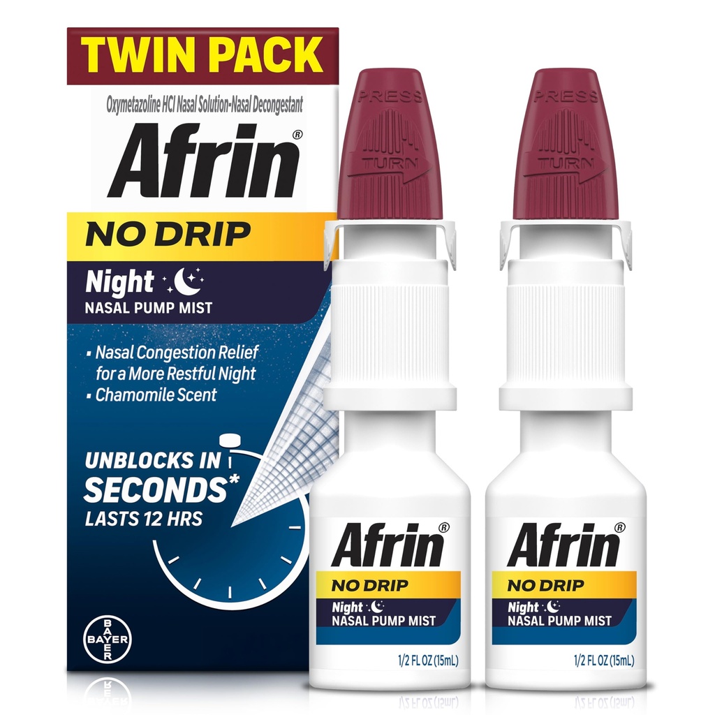 AFRIN なし ドリップ ナイト 鼻ミスト ツイン パック、非眠気、チャモミール センセント、大人と子供 6 以上で休息のための高速演技 .5 fl oz (パッケージ 2)