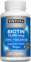 Biotin 10000 mcg + Zinc + Selenium, Pure, Vegan & Extra Strong, Best Supplement for Hair Growth, Glowing Skin, Strong Nails*, 365 Tablets for 12 Months, Natural Without Additives