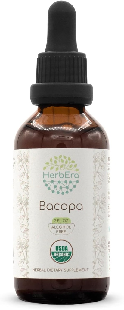 HerbEra Bacopa B60 USDA Organic Tincture | Alcohol-Free Extract, High-Potency Herbal Drops, Relaxation, Positive Cognitive Effect | Certified Organic Bacopa (Bacopa Monnieri) Dried Herb (2 fl oz)